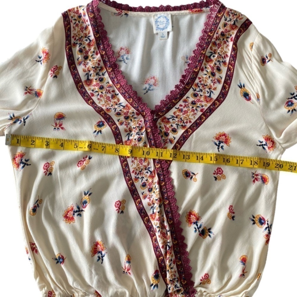 BLUE RAIN Blouse Surplice Boho Floral Creamy White Burgundy Trim Women Size S - Picture 10 of 15